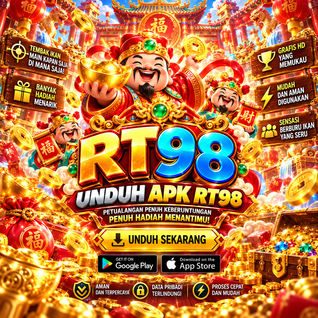 Unduh APK RT98 bertema dewa keberuntungan dengan koin emas dan nuansa merah keemasan