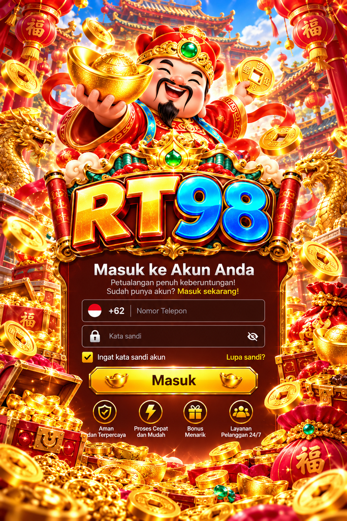 Login RT98 bertema dewa keberuntungan dengan koin emas dan suasana merah keemasan